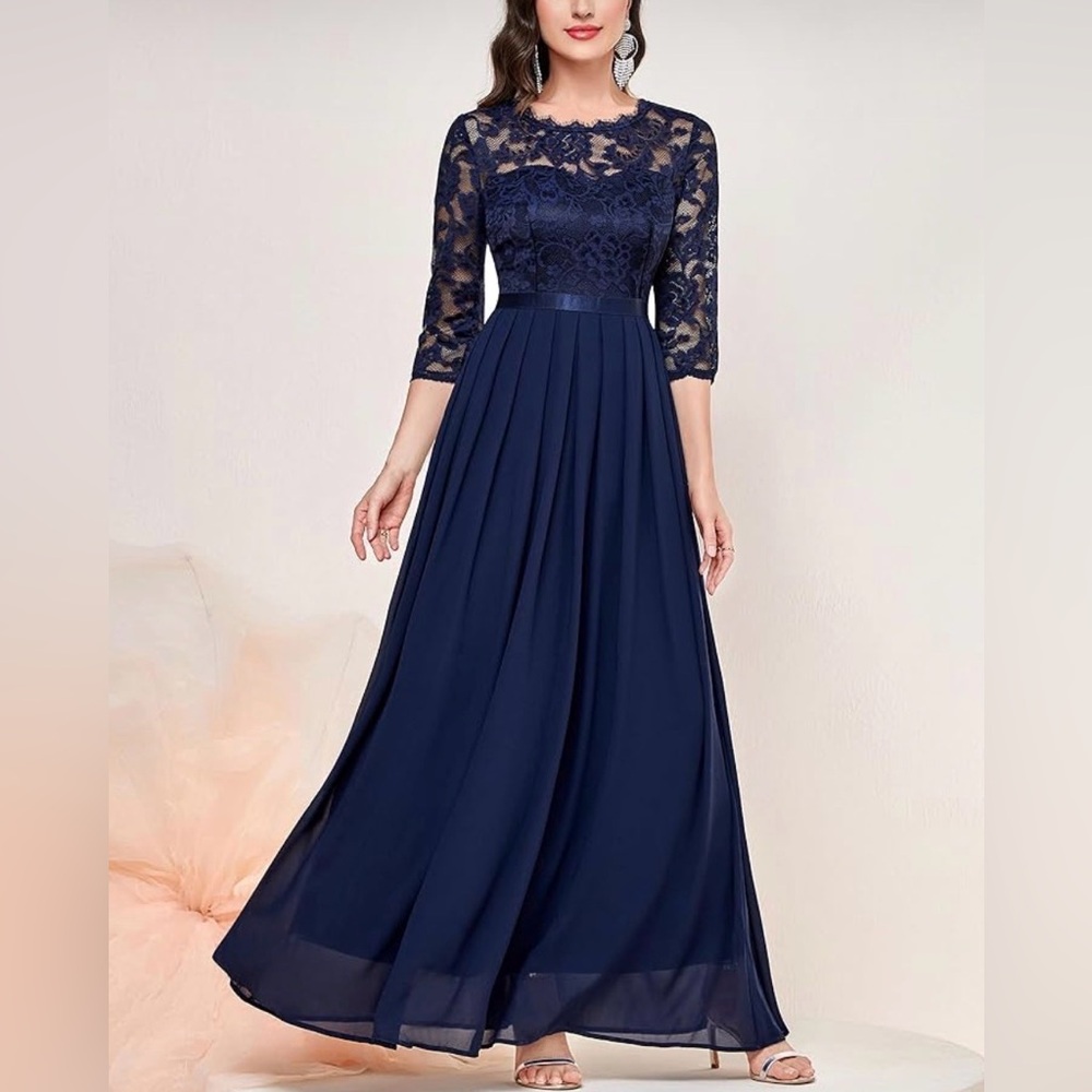 Miusol Elegant Navy Floral Lace 3/4 Sleeve Bridesmaid Formal Maxi Dress
